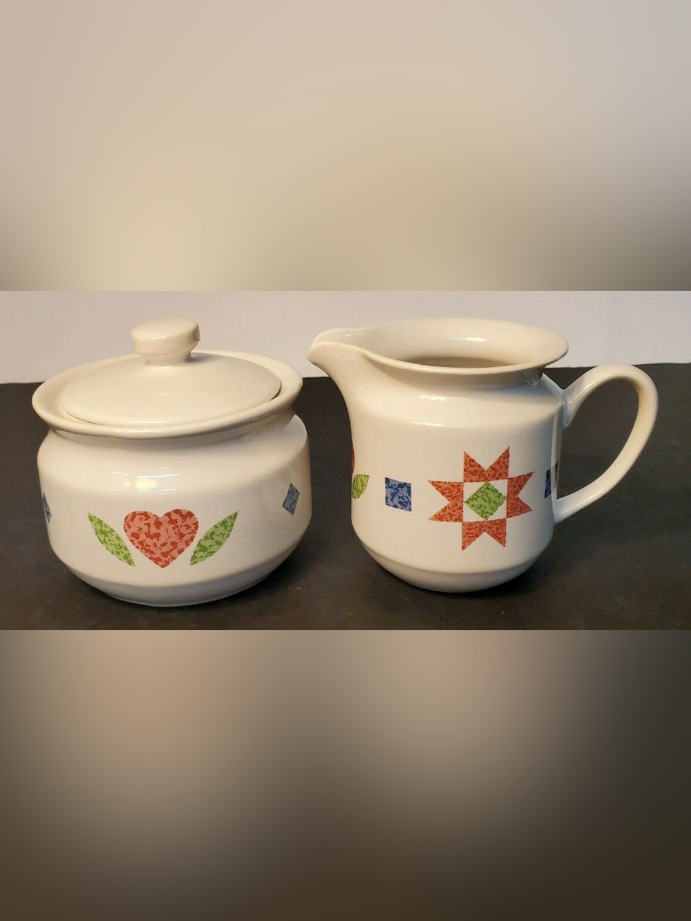 Vintage Corningware Quilt Ceramic Creamer and Sugar Quilt pattern 1994